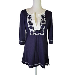 Tommy Hilfiger Women's V-Neck Tunic Top Size L 3/4 Sleeve Navy Casual